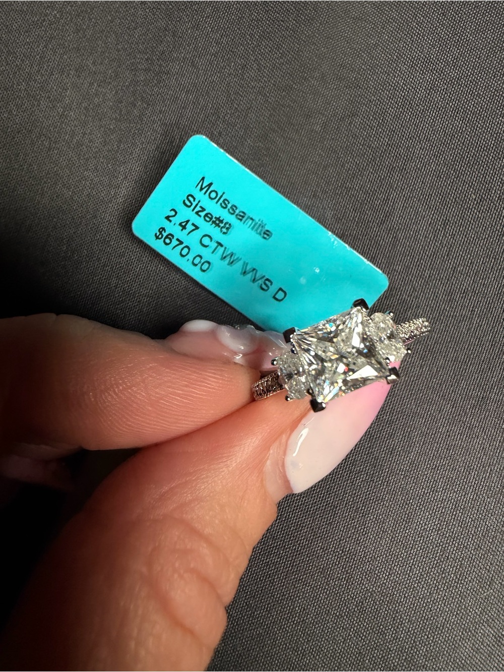 Gold Filled over brass 2.47 CTW D Color VVS Moissanite 3-Stone Ring | Sz 8 - Picture 7 of 8